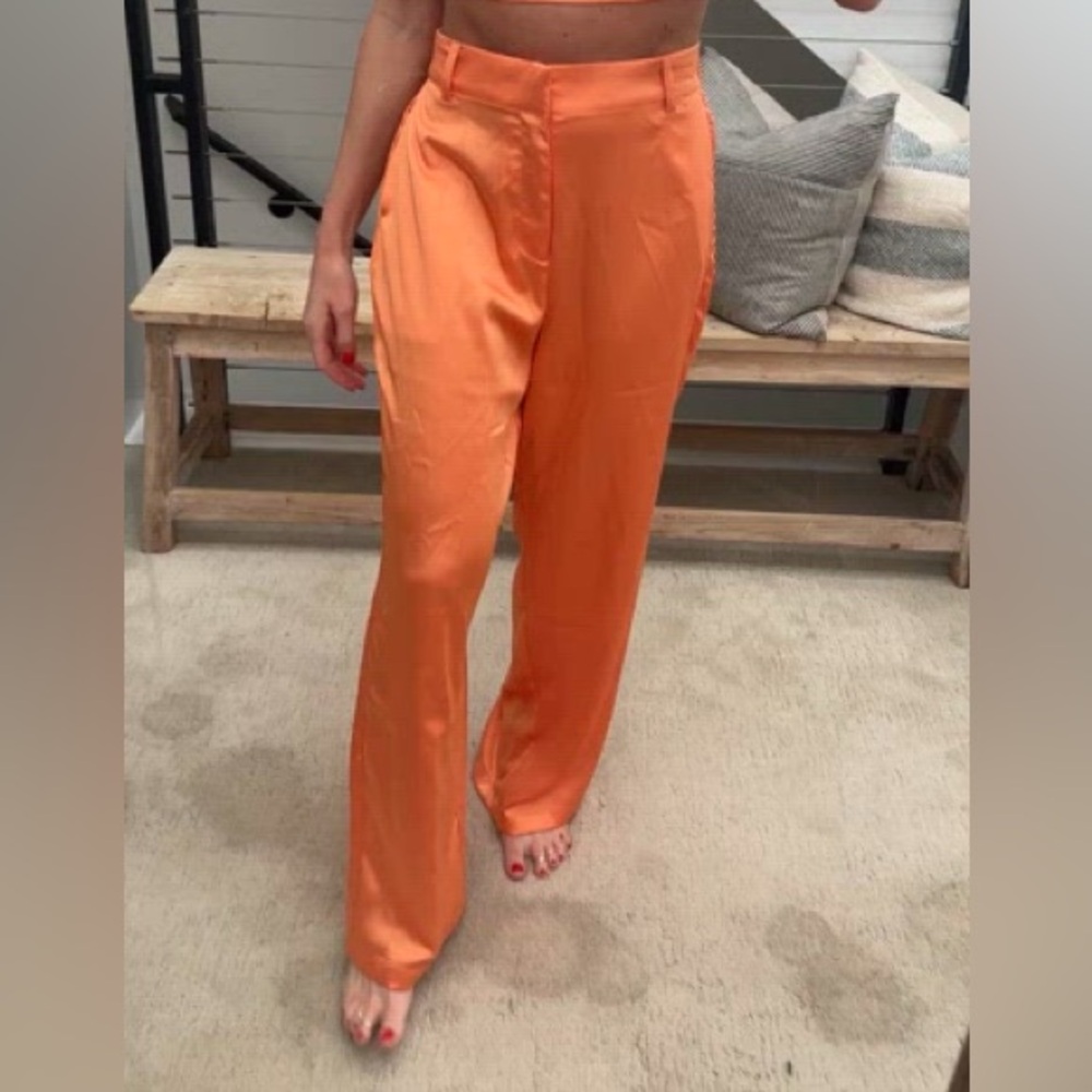 House of Harlow Orange Satin Wide-Leg Pants